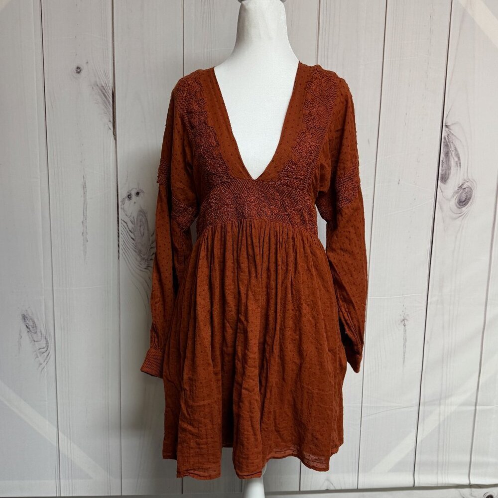 Free People Sugarpie Mini Dress Women's S Cinnamon Eyelet Open Back Boho